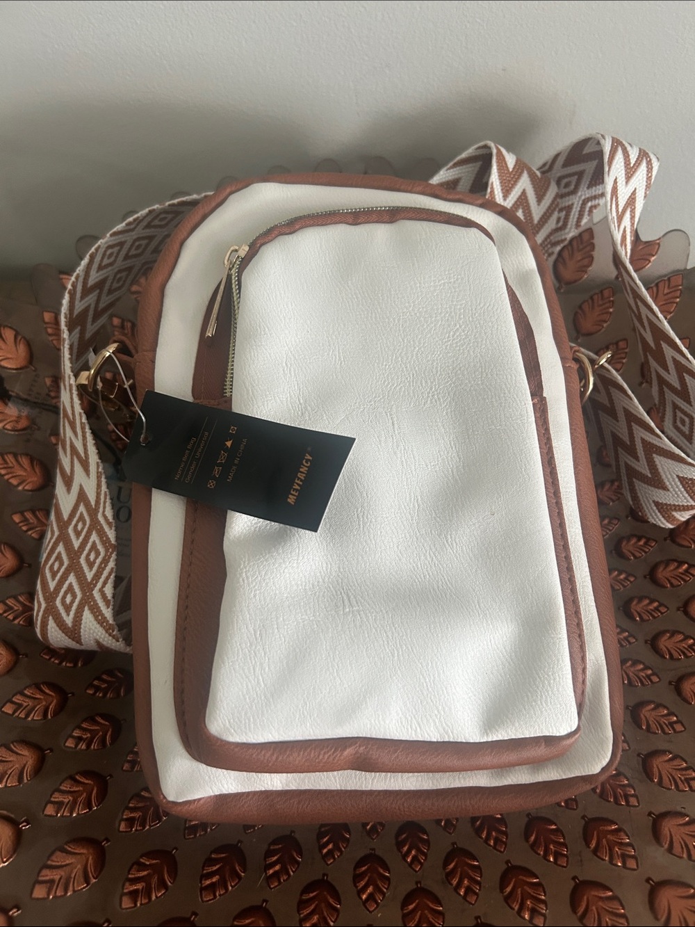 White and Brown Crossbody Bag with Patterned Straps
